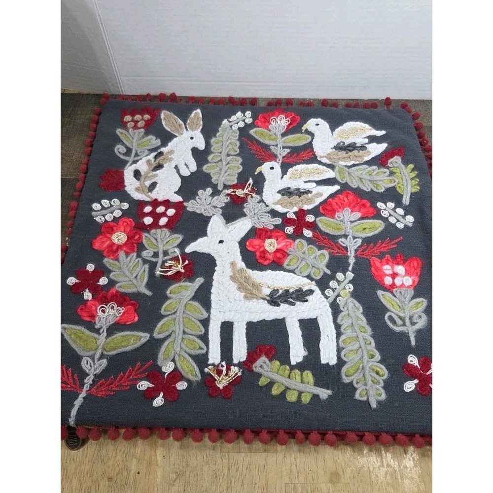 Pier 1 Set 2 Christmas Pillow Covers 15x15 Wool Blend Embroidered Deer Bunny Red